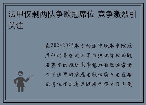 法甲仅剩两队争欧冠席位 竞争激烈引关注