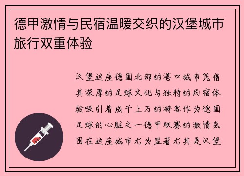 德甲激情与民宿温暖交织的汉堡城市旅行双重体验