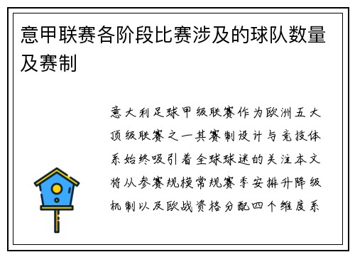 意甲联赛各阶段比赛涉及的球队数量及赛制