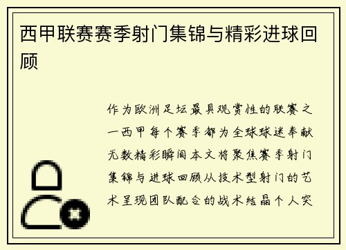 西甲联赛赛季射门集锦与精彩进球回顾